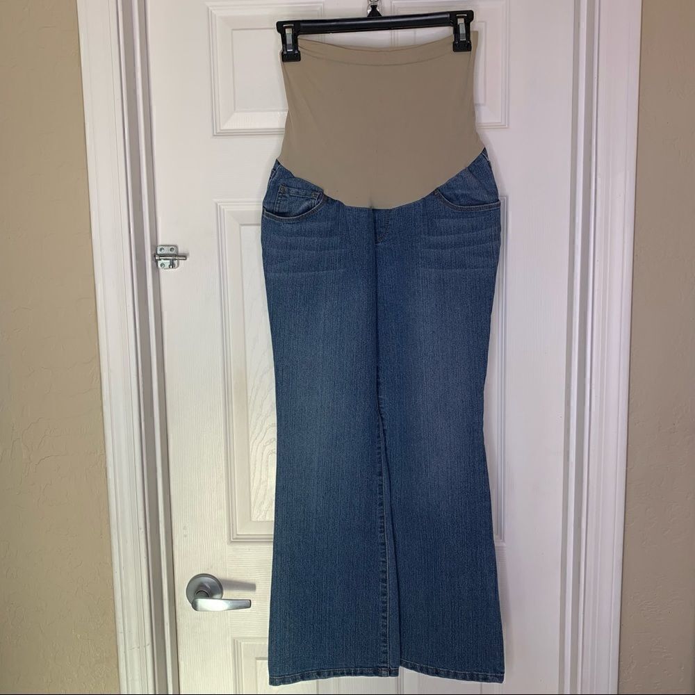 Indigo Blue Maternity Flare Leg Jeans Full Belly Panel Size Petite Small